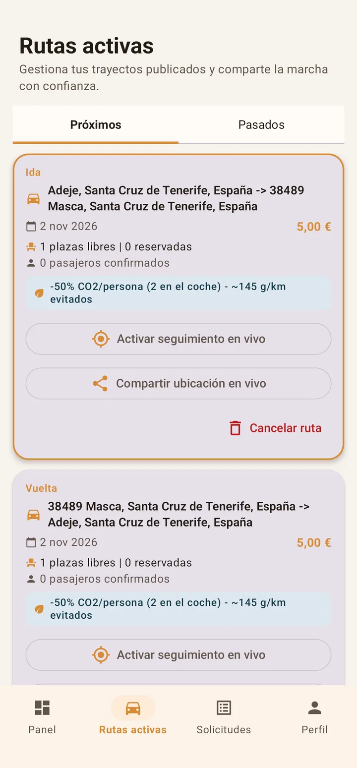 A driver's active routes: outbound and return between Adeje and Masca with free seats, a €5.00 contribution and buttons to start live tracking and share live location.