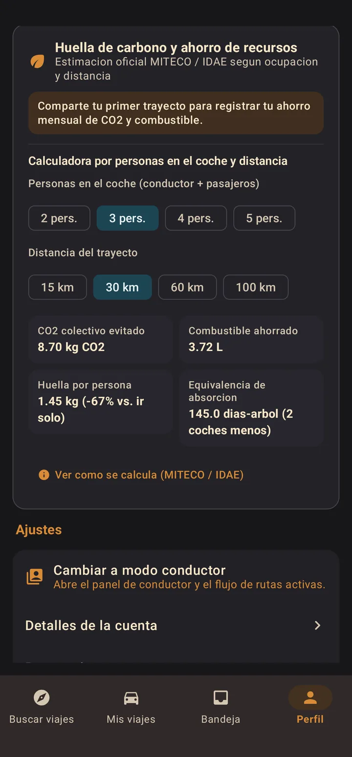 Carbon footprint calculator using the official MITECO / IDAE estimate: for 3 people over 30 km, 8.70 kg of CO2 avoided and 3.72 litres of fuel saved.