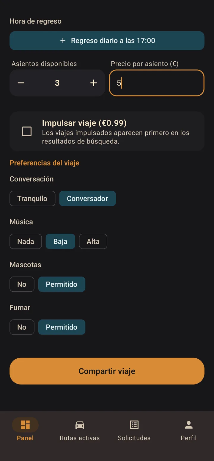 Ride preferences: available seats, price per seat, conversation, music, pets and smoking.