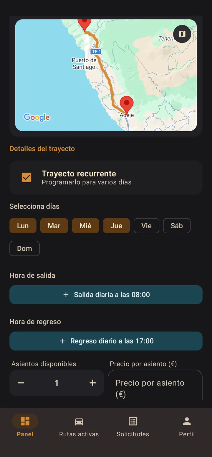 Recurring trip: Monday to Thursday, leaving daily at 08:00 and returning at 17:00.