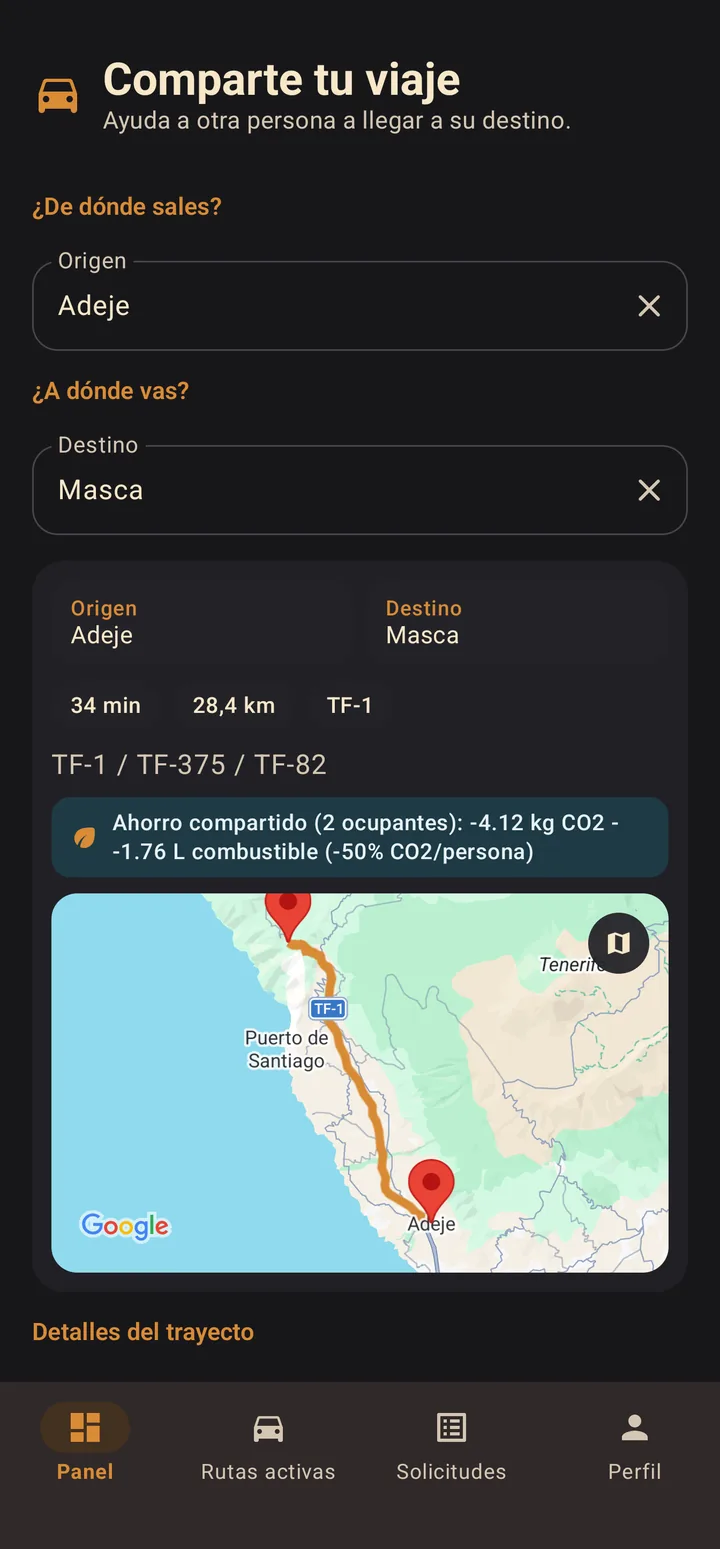 Publishing a ride from Adeje to Masca, Tenerife: 34 min and 28.4 km via the TF-1, TF-375 and TF-82, with the shared CO2 saving.