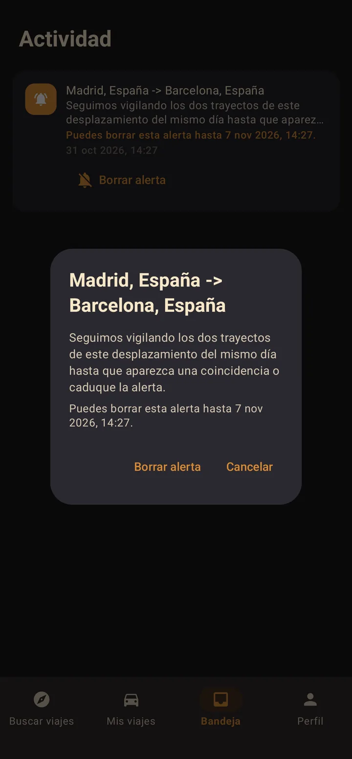 A Madrid to Barcelona ride alert: Rutalto keeps watching for an out-and-back match until one appears or the alert expires.